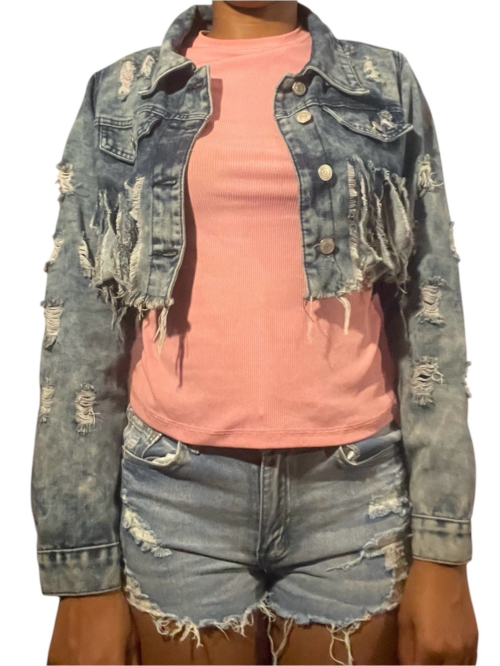 Thrill Jeans Women's Acid Wash Heavily Distressed Cropped Denim Jacket - Size XL